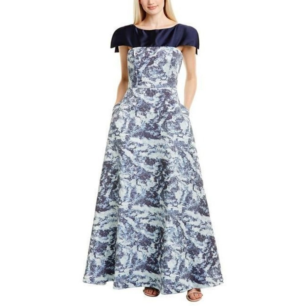 KAY UNGER KIANA Formal Dress Maxi GOWN POCKETS JACQUARD BLUE SPARKLE Size 2